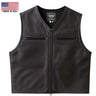 Fitted club-style leather motorcycle vest front view with zip closure and dual chest pockets – Legendary USA, made in USA