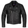 Front-facing shot of Men's Legendary black leather motorcycle jacket, shown on plain studio background