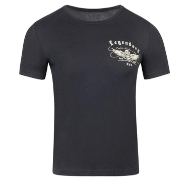 Front view of the Legendary USA Custom Leather Cuts Motorcycle T-Shirt with small chest print – made in USA