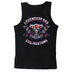View of back graphic on Legendary USA x Evil1 Kustoms limited edition 4th of July black tank top featuring patriotic skull butterfly design, made in USA