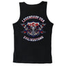 View of back graphic on Legendary USA x Evil1 Kustoms limited edition 4th of July black tank top featuring patriotic skull butterfly design, made in USA