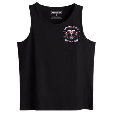 Studio image of Legendary USA x Evil1 Kustoms 4th of July black tank top with front USA butterfly skull graphic, made in USA