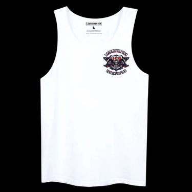 Studio view of Legendary USA x Evil1 Kustoms 4th of July white tank top with front chest graphic, made in USA