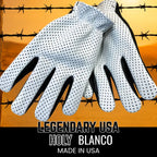 Legendary USA Holy Blanco ventilated short wrist motorcycle gloves with white perforated deerskin top and black palm, styled on barbed wire