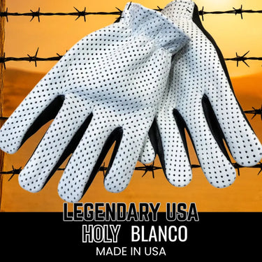 Legendary USA Holy Blanco ventilated short wrist motorcycle gloves with white perforated deerskin top and black palm, styled on barbed wire sunset background, made in USA