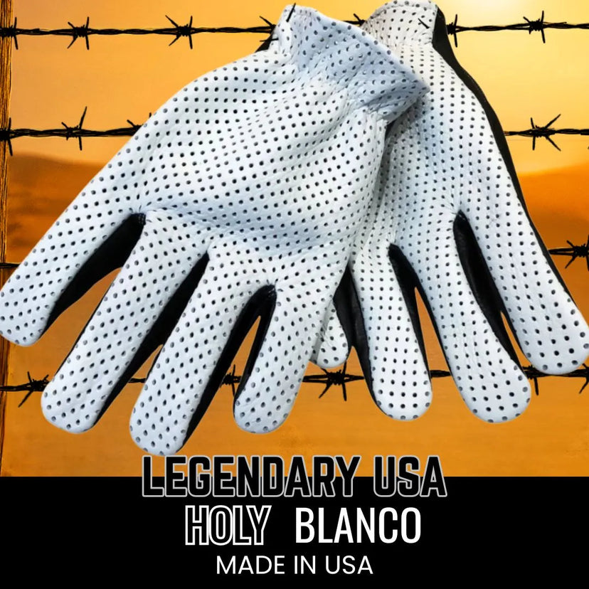 Legendary USA Holy Blanco ventilated short wrist motorcycle gloves with white perforated deerskin top and black palm, styled on barbed wire