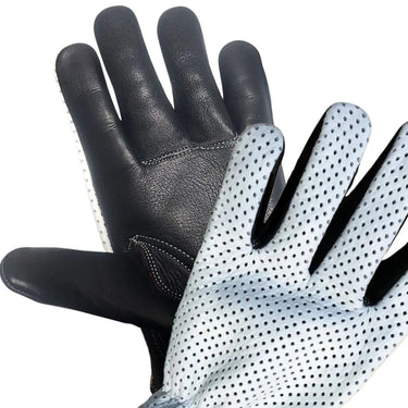 Close-up palm view of Legendary USA Holy Blanco motorcycle gloves showing soft black deerskin palm and breathable white perforated top, made in USA