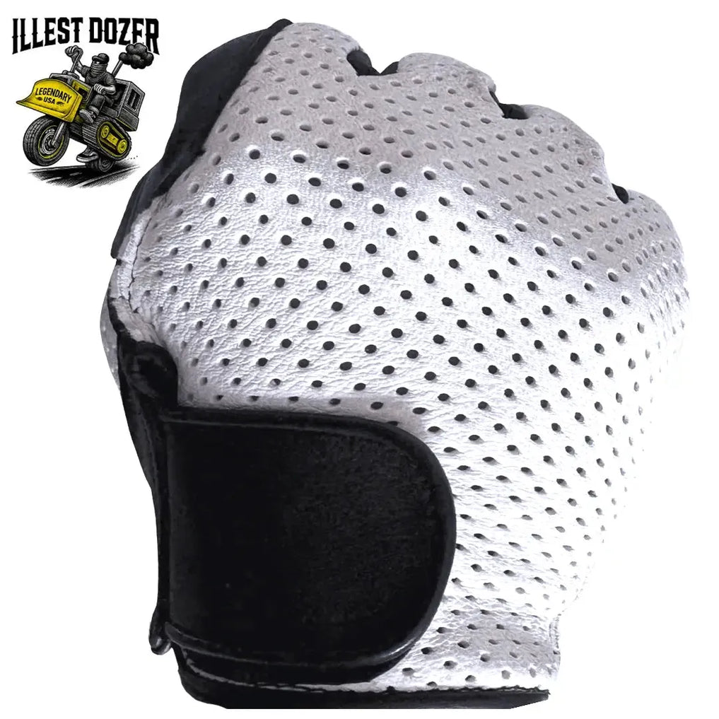 Back view of closed fist wearing Legendary USA Illest Dozer glove featuring vented white deerskin and outseam construction, made in USA