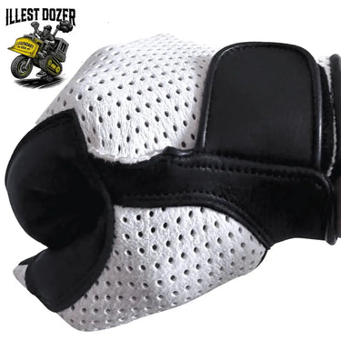 Side view of closed fist wearing Legendary USA Illest Dozer glove showing breathable white perforated deerskin and velcro strap detail, made in USA