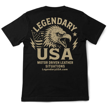 Back of Legendary USA black t-shirt featuring bold metallic gold eagle graphic and slogan “Motor Driven Leather Situations,” made in USA