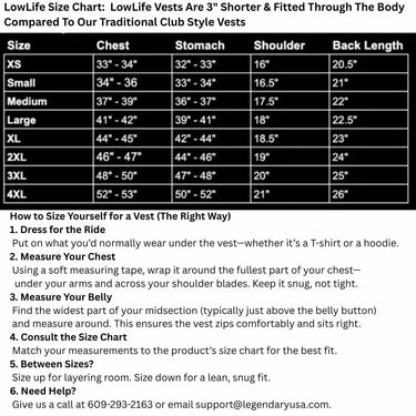 Size chart for Legendary USA leather motorcycle vests including LowLife NOP, showing chest, stomach, shoulder, and back length measurements, made in USA