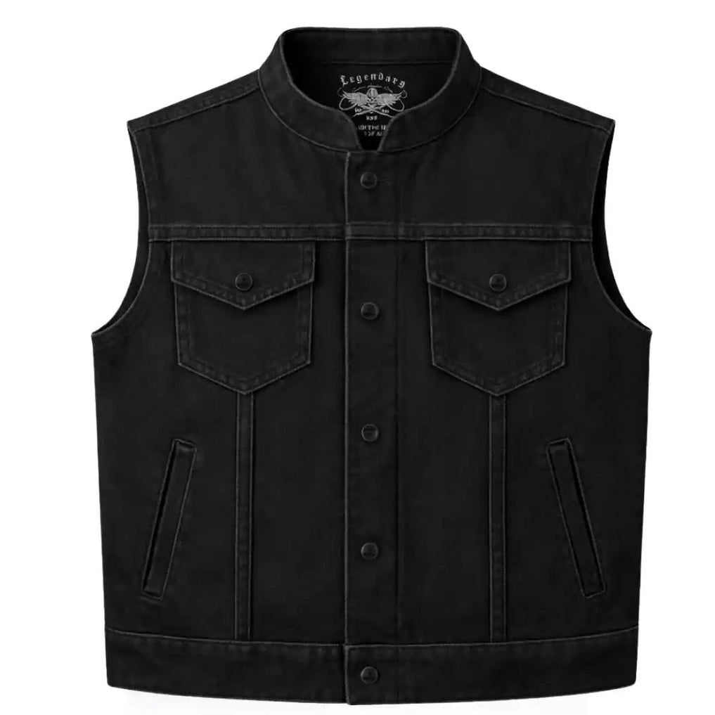Legendary USA Revolution men's black denim motorcycle vest front view, made in USA