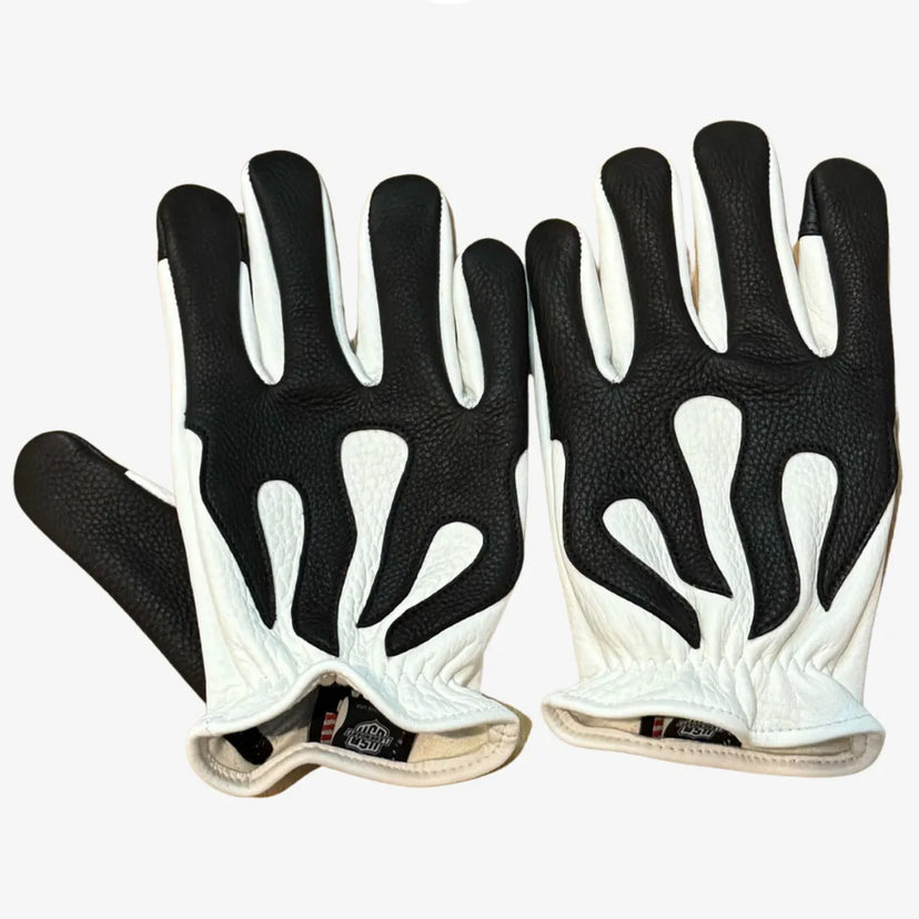 Legendary Spitfire white and black deerskin motorcycle gloves, short wrist, front view, made in USA