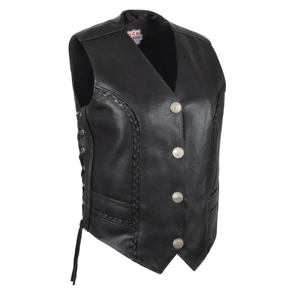 Legendary Vikla Chikla women’s leather motorcycle vest with braided accents and buffalo nickel snap buttons, made in USA