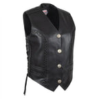 Legendary Vikla Chikla women’s leather motorcycle vest with braided accents and buffalo nickel snap buttons, made in USA