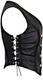 Side view of Legendary Vikla Chikla leather motorcycle vest showing lace-up detailing and braided trim, made in USA