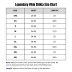Size chart for Legendary Vikla Chikla leather motorcycle vest with bust and length measurements, made in USA