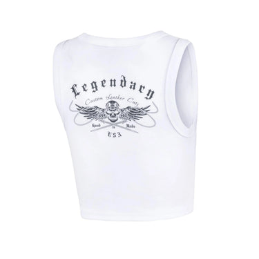Back view of white cropped tank with black Custom Cuts winged skull logo print, made in USA
