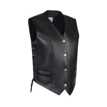 Alternate front view of Legendary Women's Braided Leather Vest with snap buttons and front pockets, Made in USA