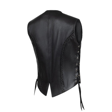 Back view of Legendary Women's Motorcycle Vest with clean leather finish and side lacing, Made in USA