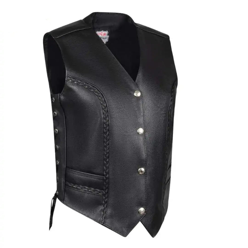 Front angled view of Legendary Women's Leather Motorcycle Vest with braided trim and snap closure, Made in USA