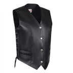 Front angled view of Legendary Women's Leather Motorcycle Vest with braided trim and snap closure, Made in USA