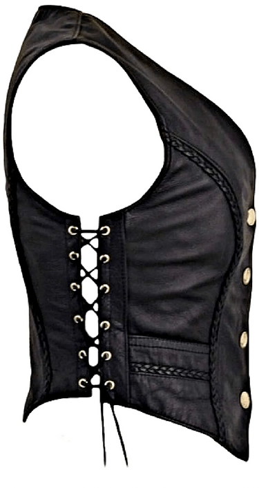 Side view of Legendary Women's Leather Vest showing adjustable lace-up sides and braided detailing, Made in USA