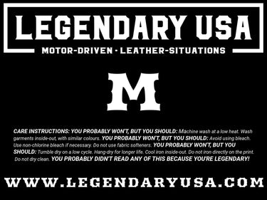 Tag showing care instructions and branding for the Legendary USA Chill Out Biker Chick Shirt, Made in USA