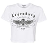 Front product view of white Legendary Chill Out Biker Chick shirt with black winged skull graphic and script text