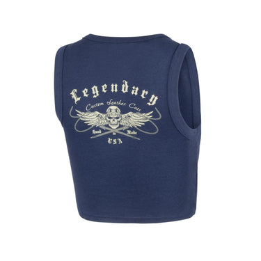 Product-only back view of navy cropped tank with Legendary skull and wings graphic printed on back