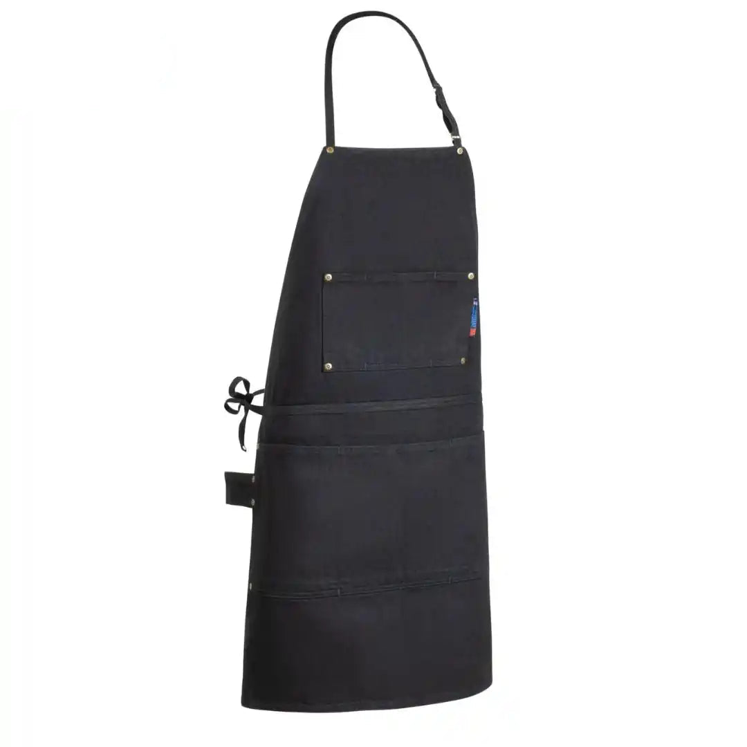 Legendary Work Horse heavy denim apron in black with adjustable neck strap and utility pockets, made in USA