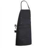 Legendary Work Horse heavy denim apron in black with adjustable neck strap and utility pockets, made in USA