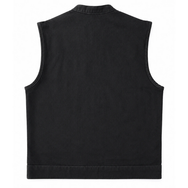 Legendary 'Nightshift' Black Denim Vest back view showing the black cotton panel made in USA