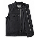 Legendary 'Nightshift' Black Denim Vest in black cotton made in USA, a motorcycle vest
