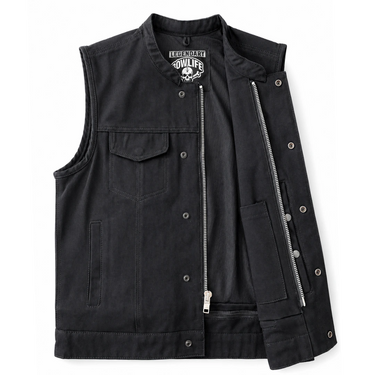 Legendary 'Nightshift' Black Denim Vest in black cotton made in USA, a motorcycle vest