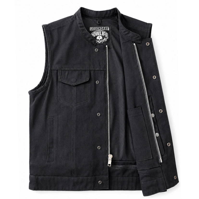 Legendary 'Nightshift' Black Denim Vest in black cotton made in USA, a motorcycle vest