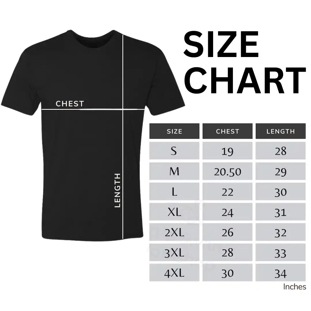Legendary USA Bolt Logo T-Shirt size chart with shirt measurements by size on white background