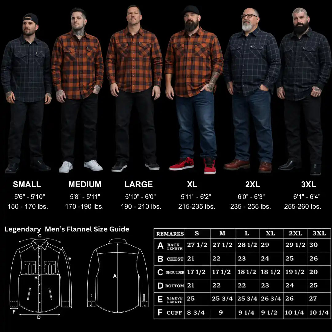Size chart for the Legendary No Life™ Series Men’s Black & White Flannel Shirt Limited Edition with body measurements to help