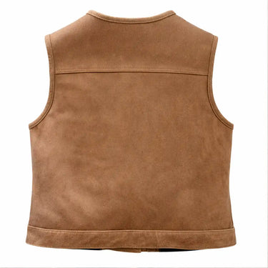 Alternate angle of Legendary Lowlife women's club style leather motorcycle vest, highlighting back construction