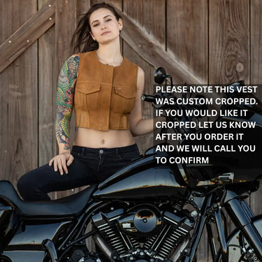 Rear view of Legendary Lowlife women's club style leather motorcycle vest, highlighting construction detail
