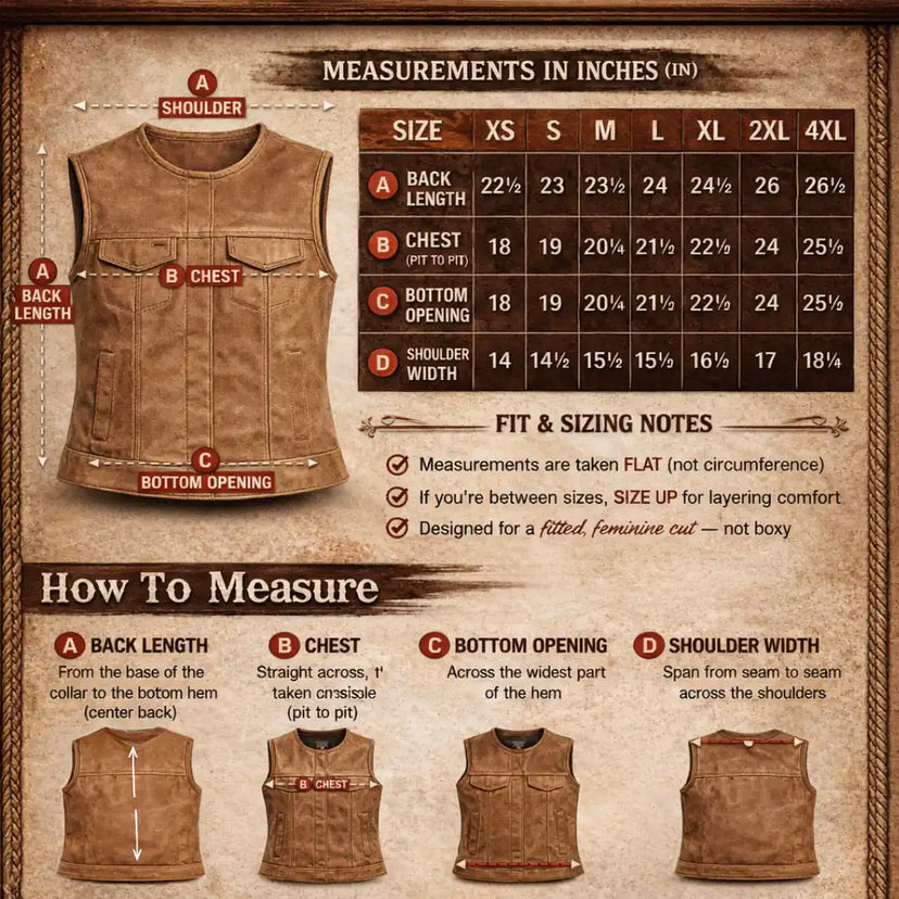 Size chart for the Legendary Lowlife 'Dakota' Women's Raw Leather Vest with body measurements to help find your fit