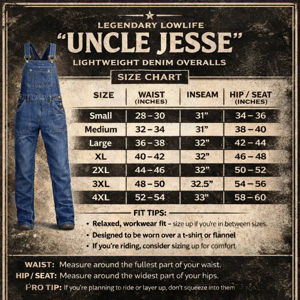 Legendary Lowlife 'Uncle Jesse' Lightweight Denim Overalls- Final Sale Ships Same Day — size chart