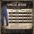 Size chart for the Legendary Lowlife 'Uncle Jesse' Lightweight Denim Overalls with body measurements to help find your fit