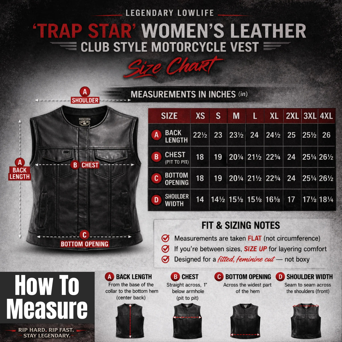 Legendary Lowlife 'Trap Star' Women's Club Vest — size chart