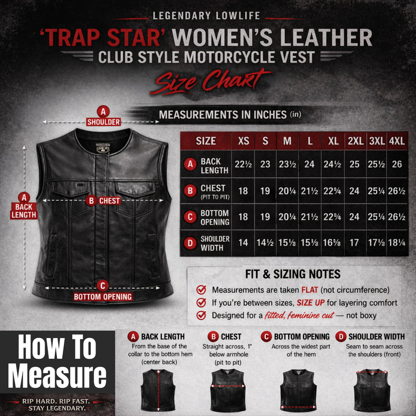 Alternate angle of Legendary Lowlife women's club style motorcycle vest, showing rear panel detail