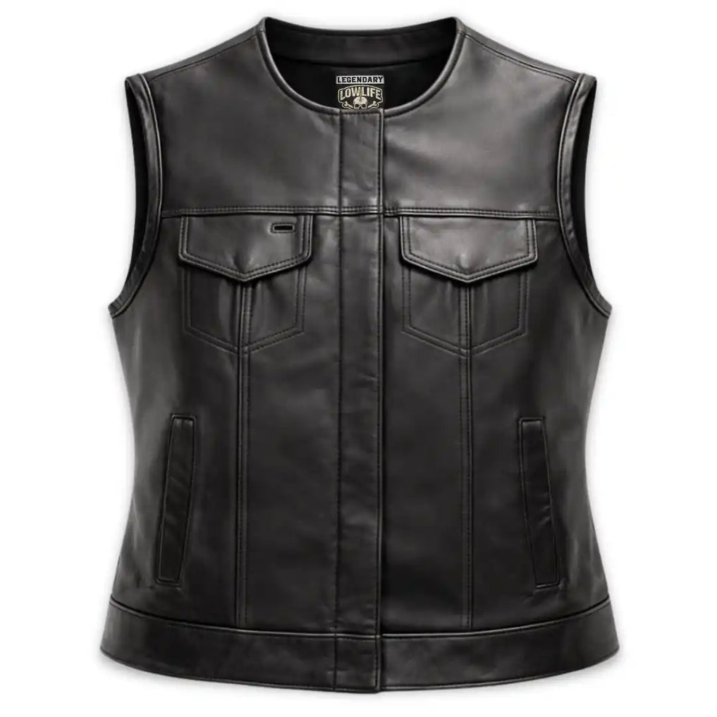Front view showing Women's Legendary Lowlife club style motorcycle vest, with brand detailing visible