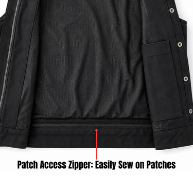 Interior lining of the Legendary 'Nightshift' Black Denim Vest showing the pockets and finish made in USA