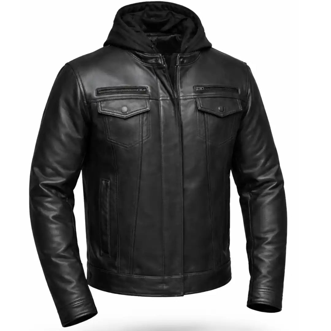 Front view of Men's Legendary lightweight leather motorcycle jacket, displayed flat for product detail