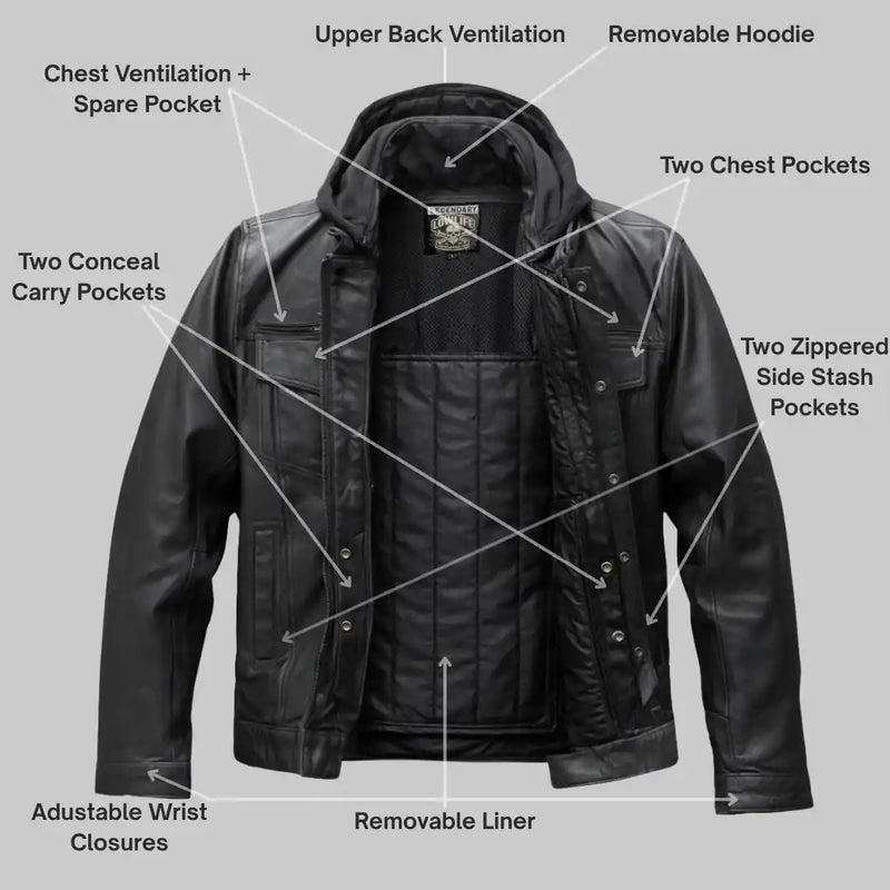 Detail view of the Legendary 'No Mercy' Men's Premium Leather Lightweight Motorcycle Jacket highlighting its features