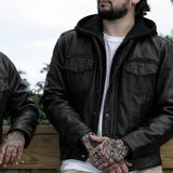 Close-up of Legendary men's lightweight leather motorcycle jacket, highlighting construction detail